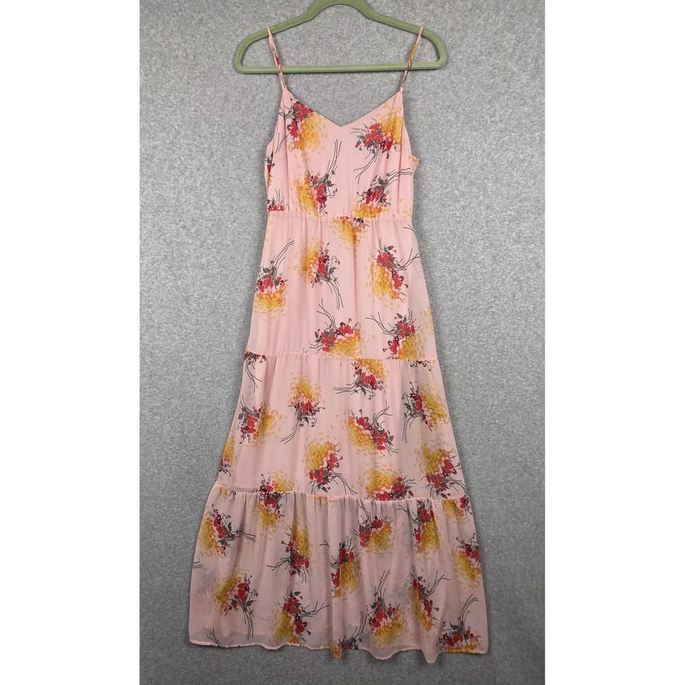 J Crew Mercantile Dress Womens 6‎ Pink Floral Spaghetti Strap Tiered Midi Lined